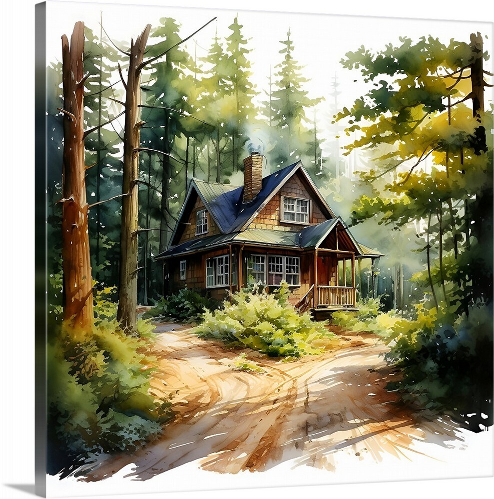 Cabin In the Woods Trees Painting Landscape Art Canvas Wrap 20 x 20 Giclee Print