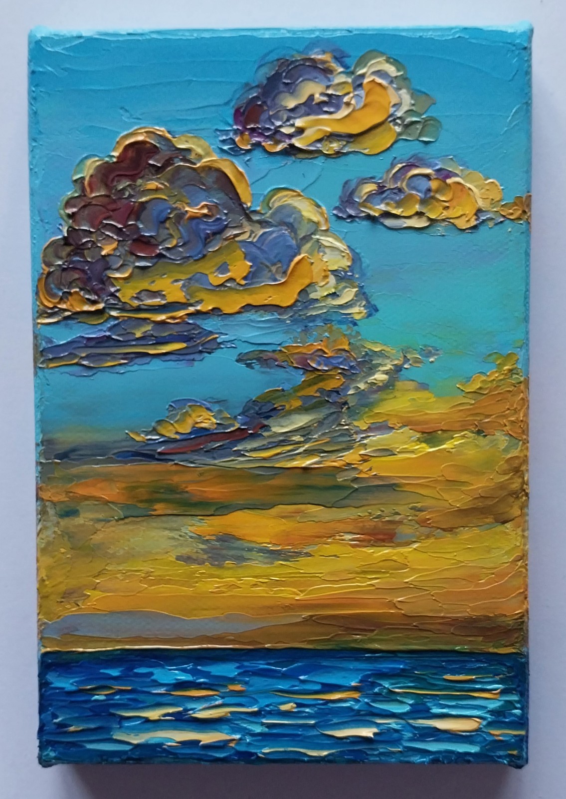 Mini Canvas Seascape Sunset Golden Clouds Over Sea 4×6″ Original Oil Painting