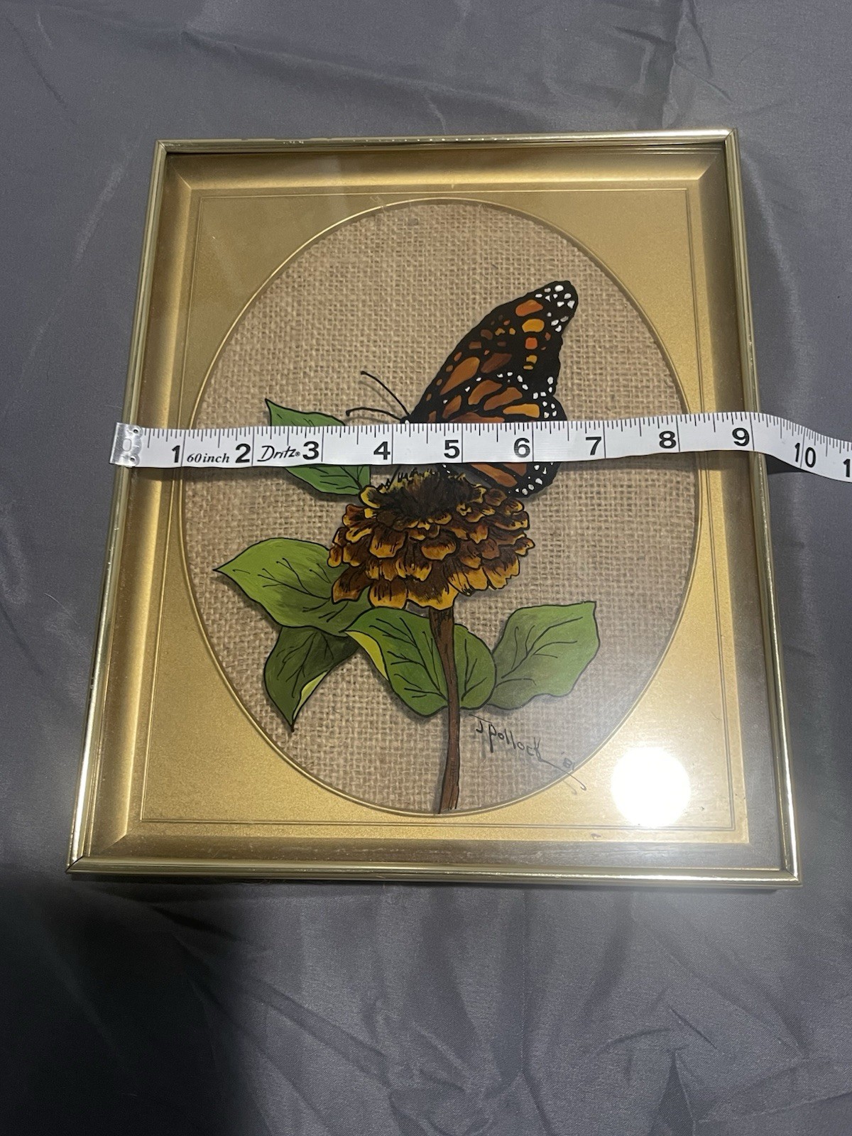 Vintage 1981 Reverse Glass Butterfly Painting Burlap Framed Art Pollock