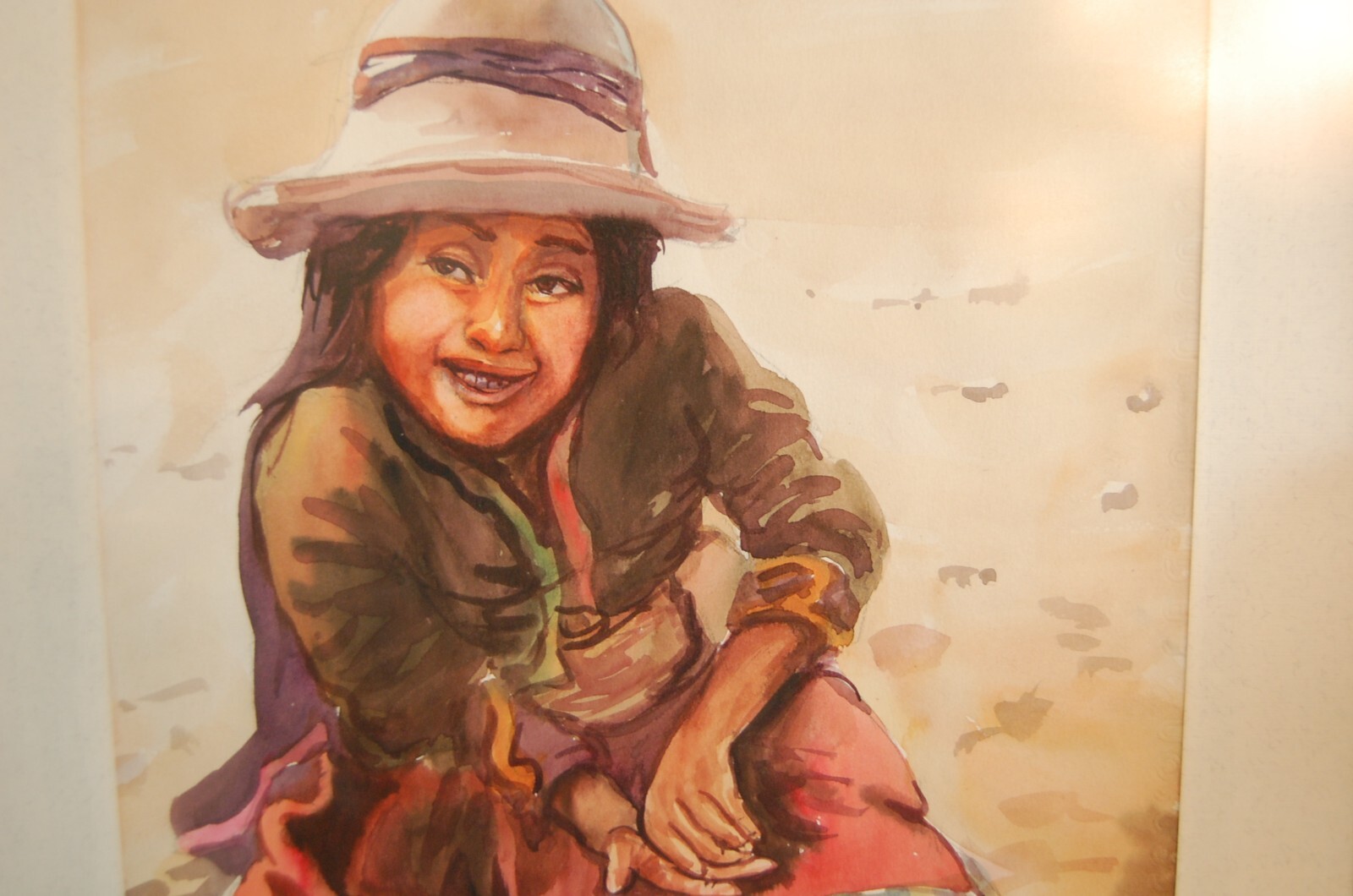 VINTAGE FRAMED MATTED ORIGINAL WATERCOLOR PAINTING OF PERUVIAN NATIVE GIRL CHILD