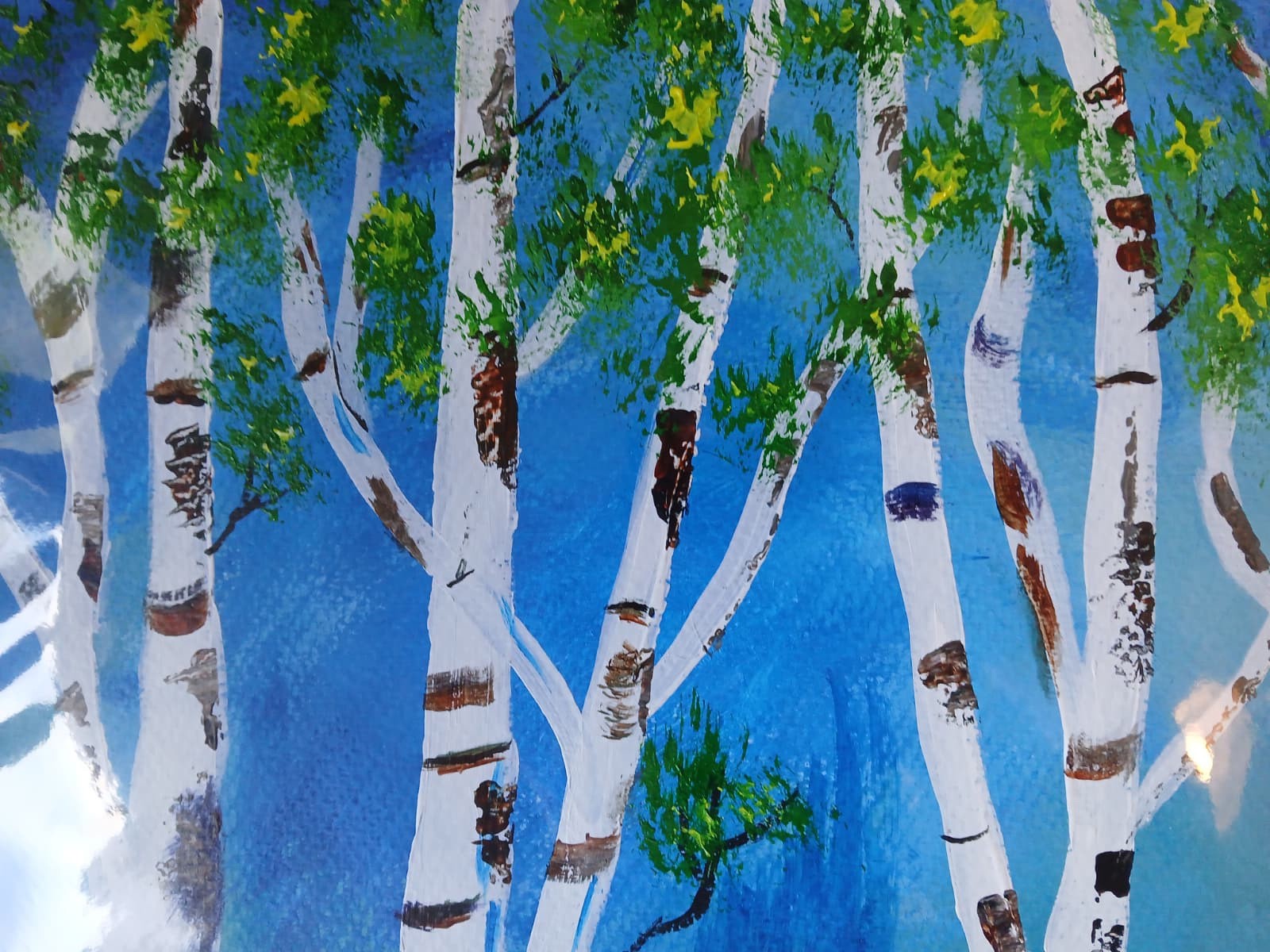Abstract/Impressionism 11×14 Colorful Birch Trees Blue Background Art Painting