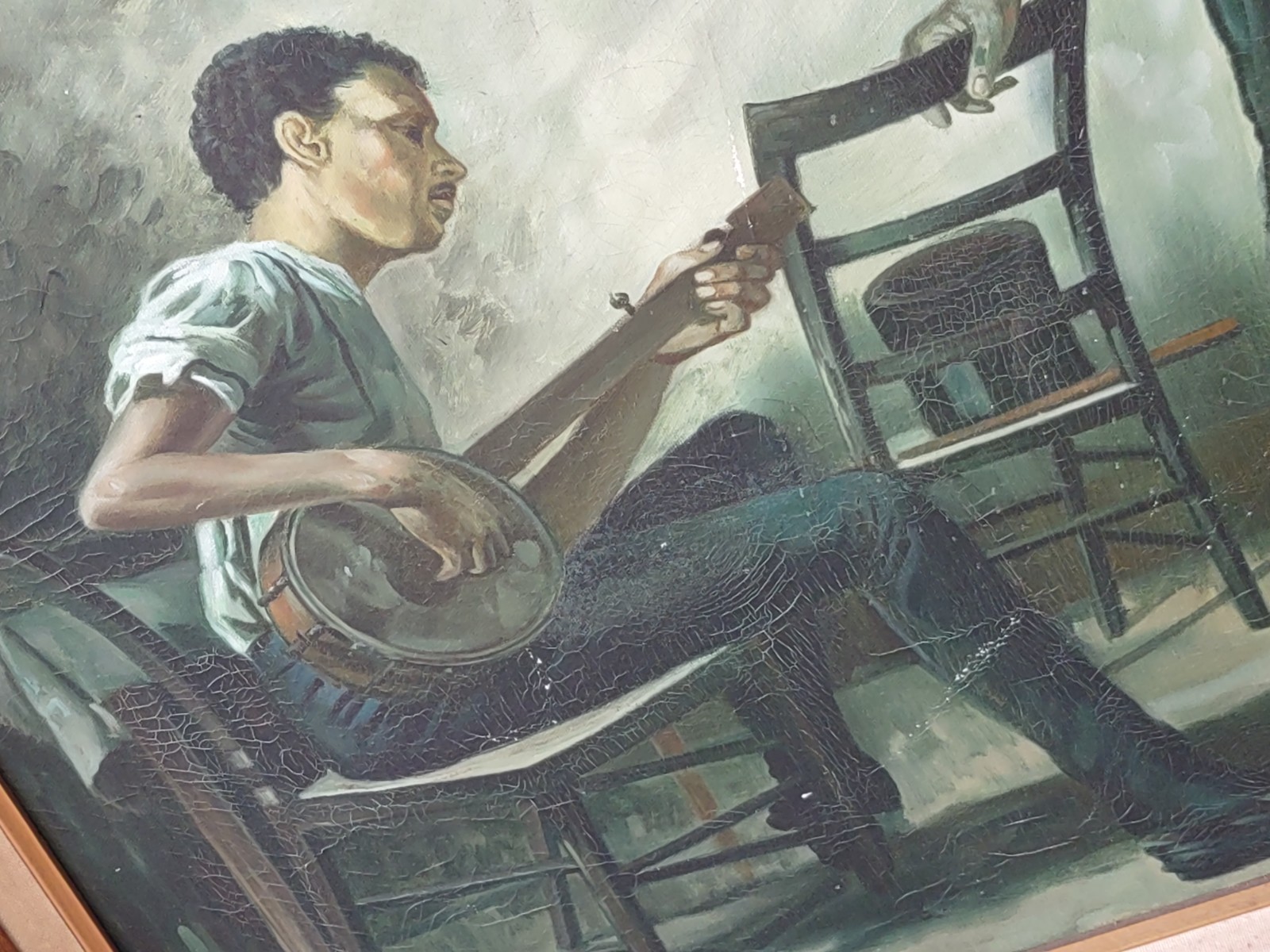 Jon Corins Signed Original Realism Canvas Painting Framed Man w/ Banjo & Boy