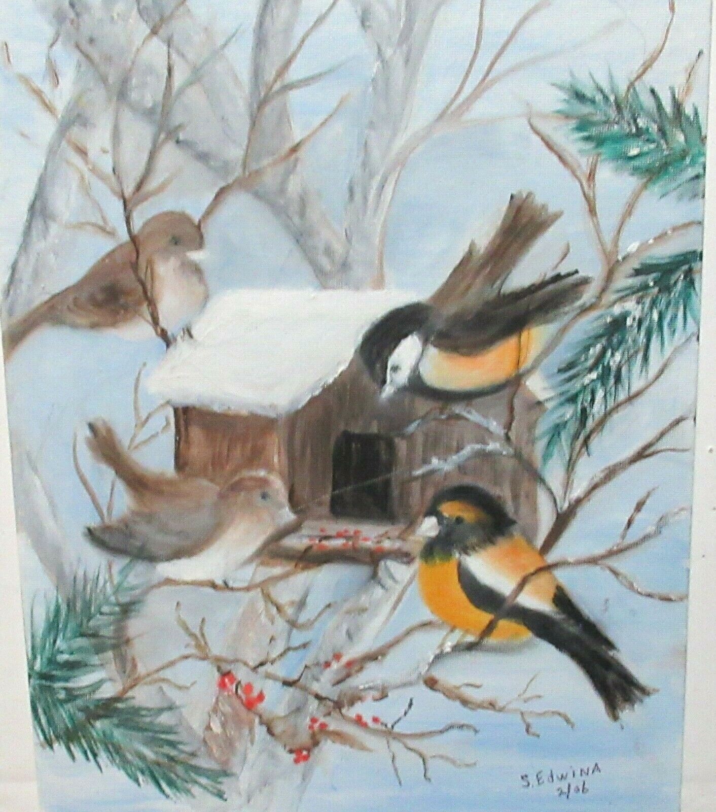 S.EDWINA BIRD HOUSE IN A TREE ORIGINAL OIL ON BOARD FOLK PAINTING UNFRAMED