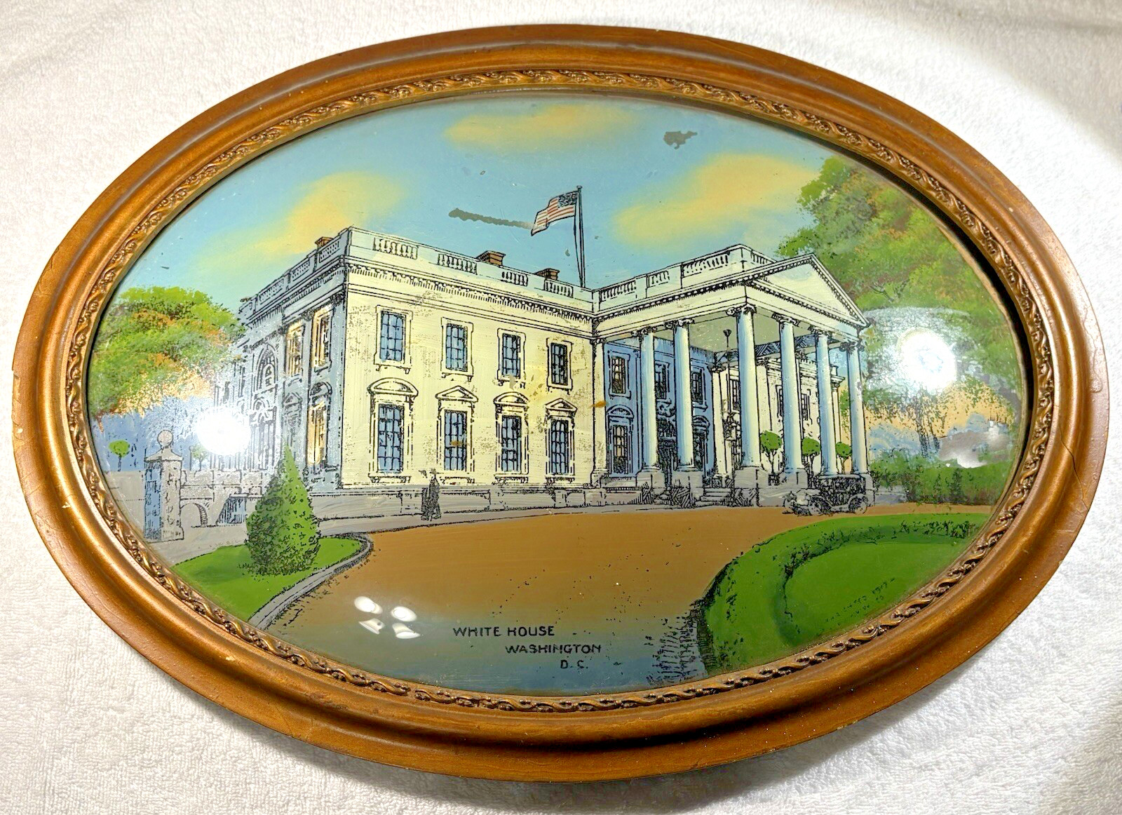Antique 1917 White House Hand Painted Reverse on Glass Washington DC Framed USA