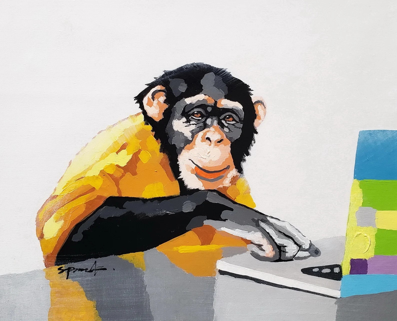 Monkey with Laptop #2, 20×24, Hand painted on Giclee Canvas,