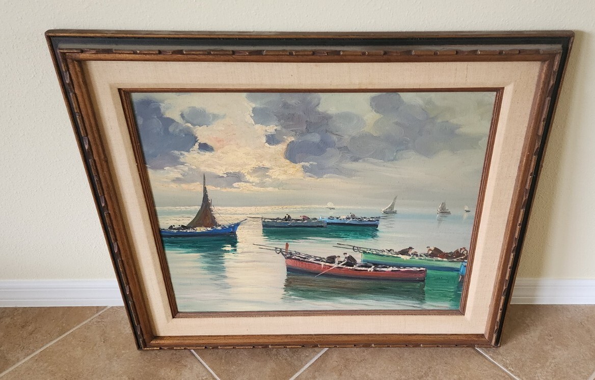 OIL PAINTING – Vintage, Fishing Boats, Framed, Artist Signature Not Visible