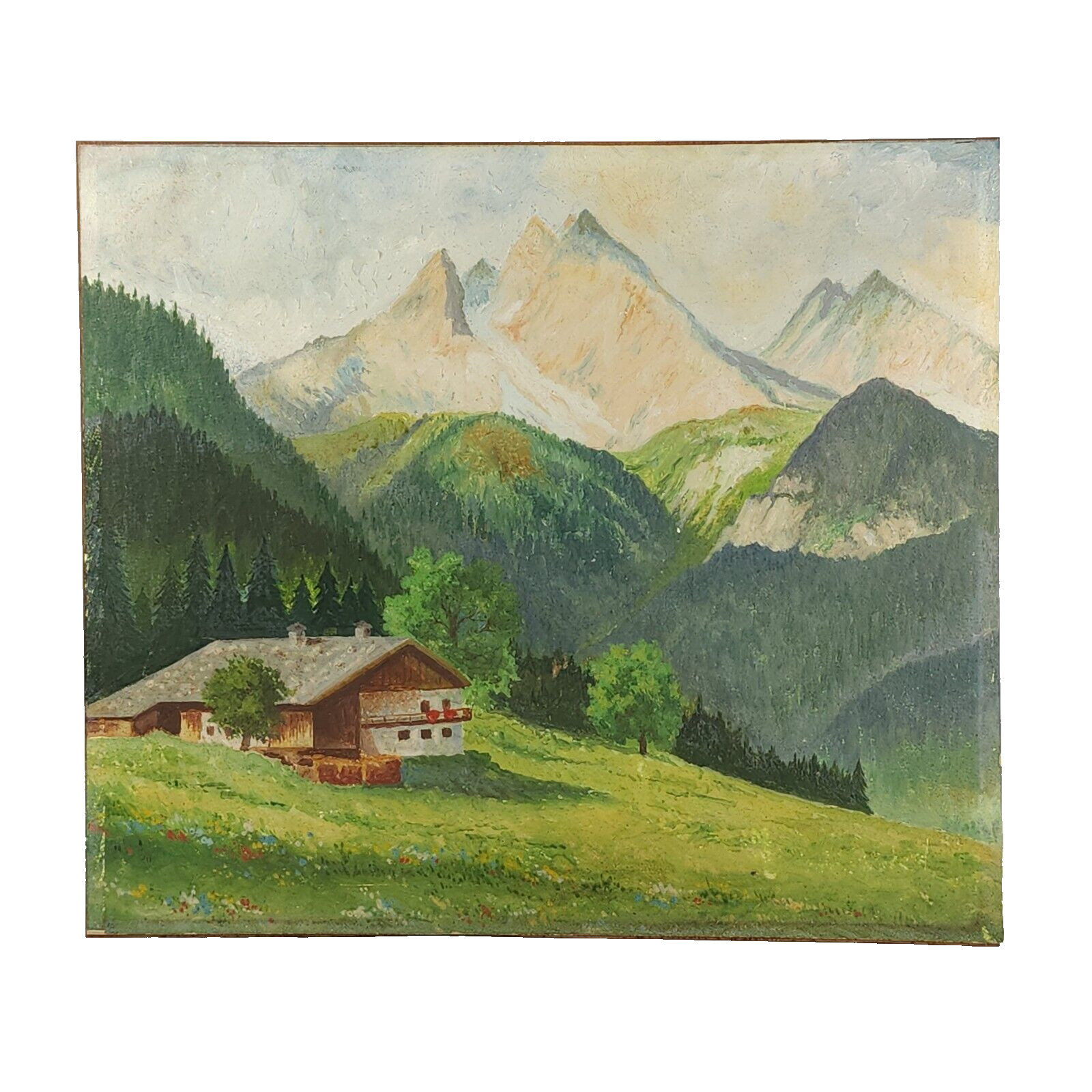 Vintage Original Swiss Or German Alps Painting Chalet Watzmann Mountain 10″H
