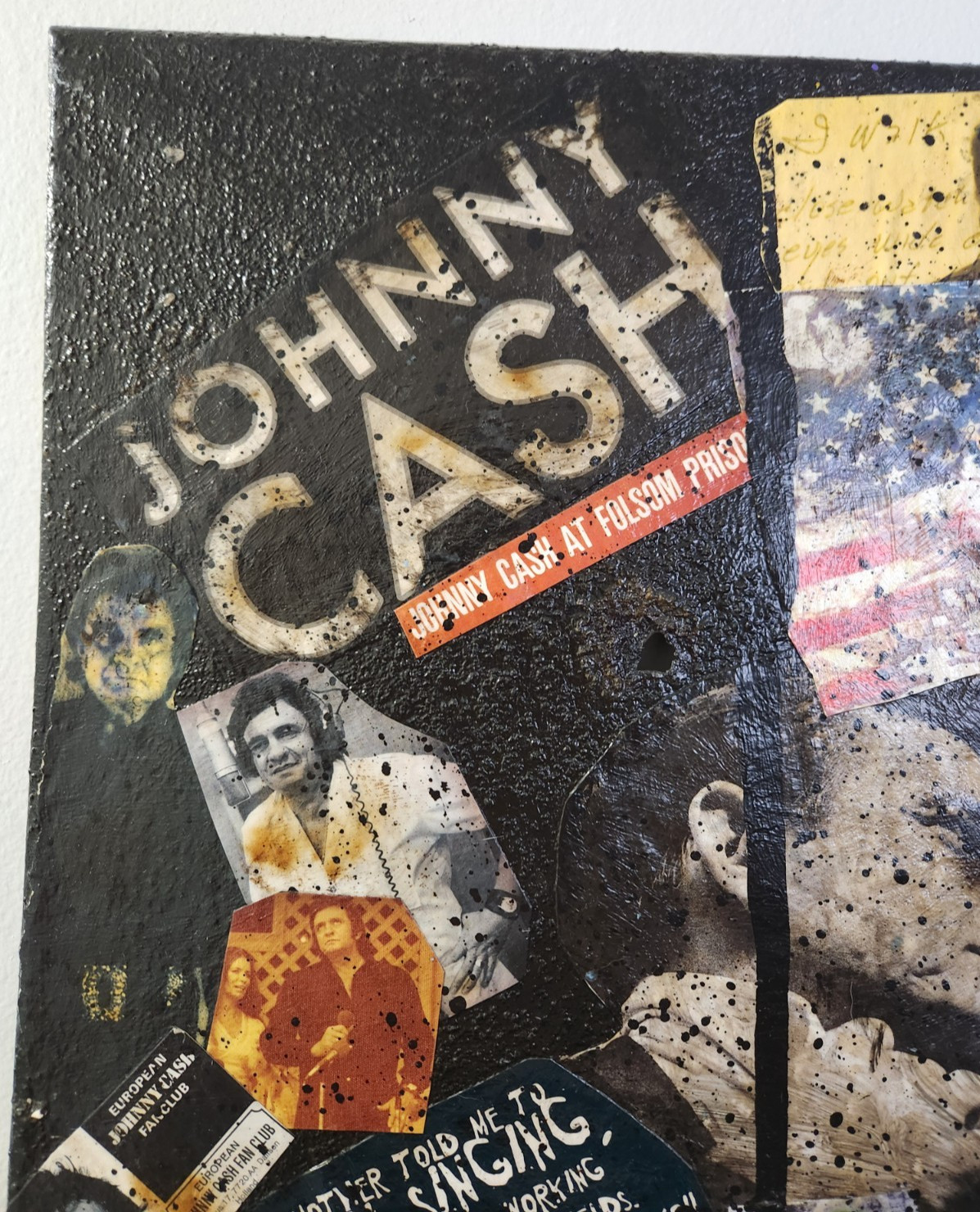 Large Johnny Cash Acrylic Paintin Collage Art. Heavily Textured & Burned! 16X20