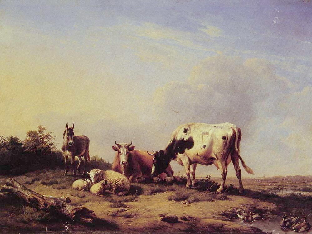 Oil painting cows donkey sheep A-gathering-in-the-pasture-Eugene-Verboeckhoven