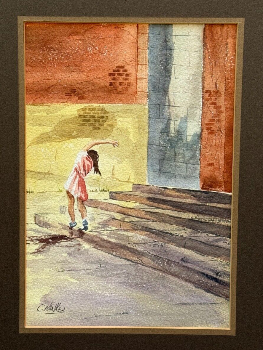 C. Wanker? Signed Painting Girl Playing by Urban City Concrete Steps Pink Dress