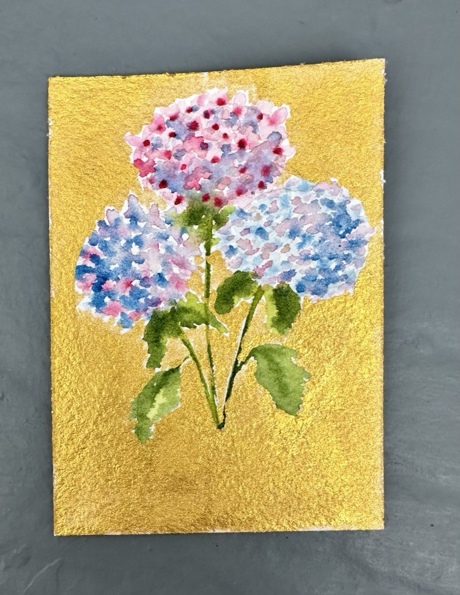 ACEO Original painting 3.5 x 2.5 watercolor Hydrangeas with gold trim