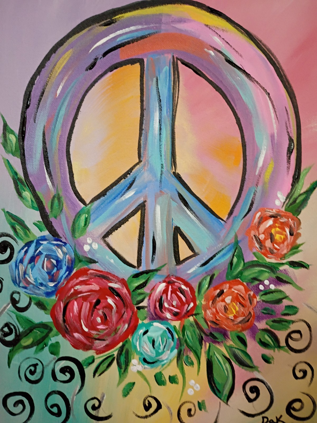 Peace Sign Floral 11×14 Canvas Original Art Expressionism Abstract Boho Hippie