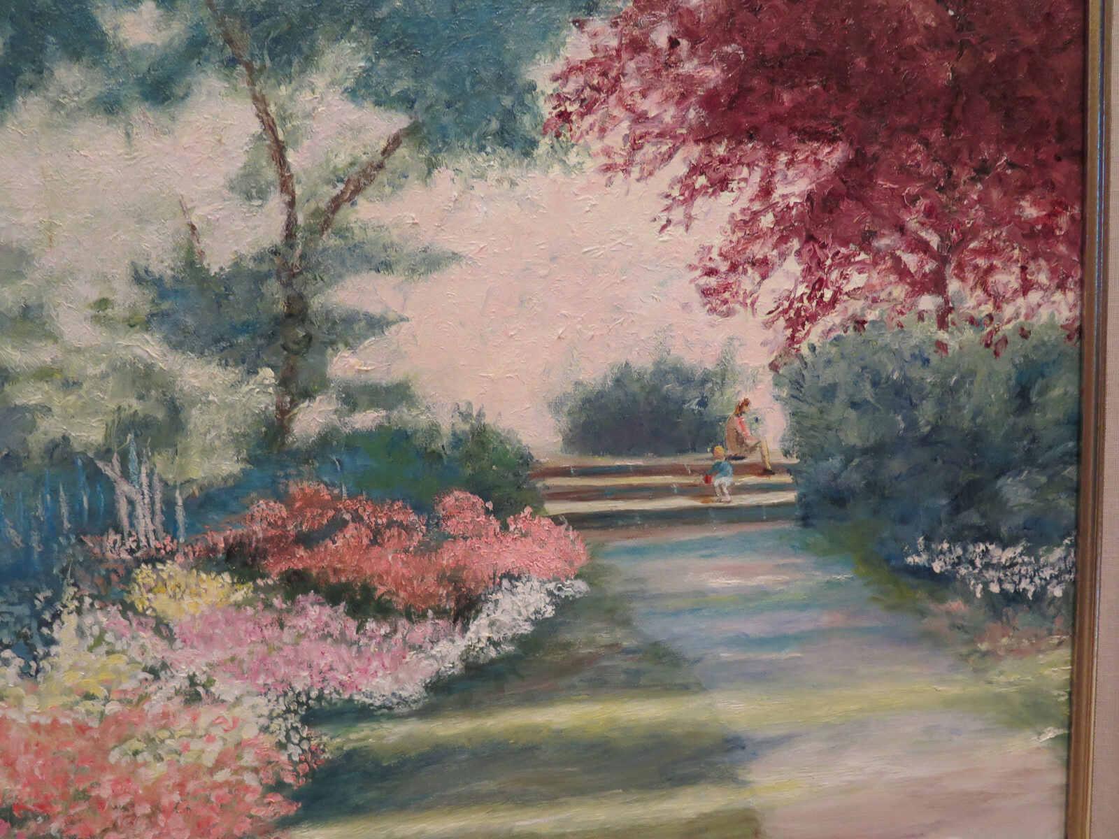 Garden Landscape Oil Painting Child Mother ART Peace Greens Framed Original