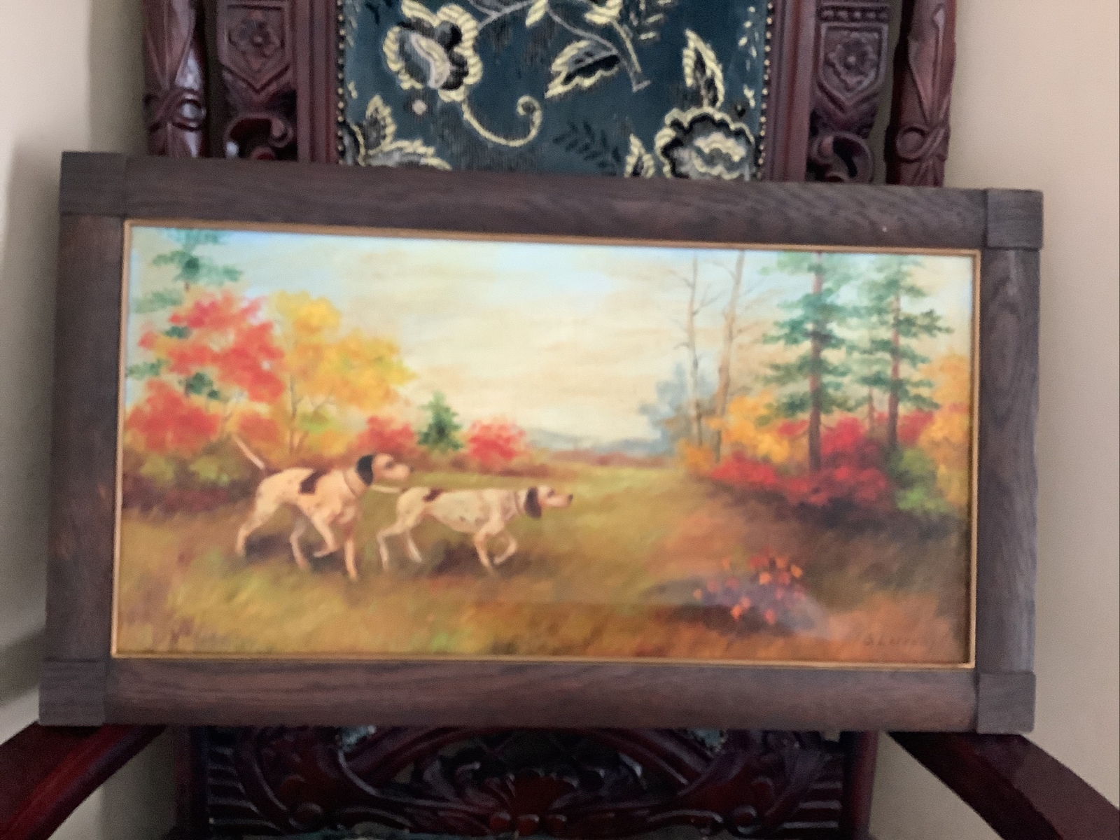 Vintage Hunting Dogs In Woods Framed Painting on Canvas Signed B. Lazenby 32×18