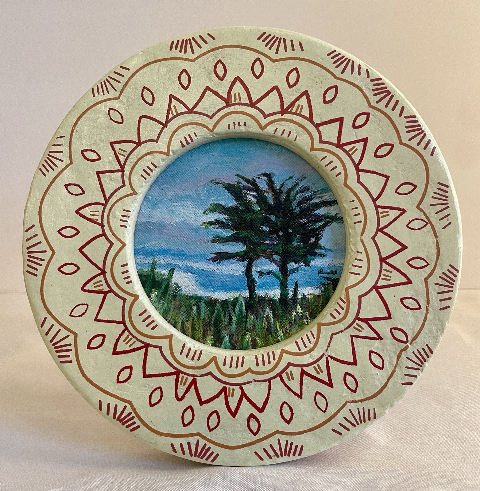 California Cypress Tree Painting Framed Round Coastal Landscape Wall Art