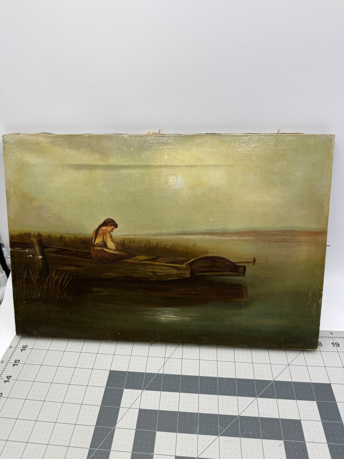 COUNTRY FOLK ART PRIMITIVE GIRL BOAT MARSH LAKE Print? 1885 Bracket Canvas