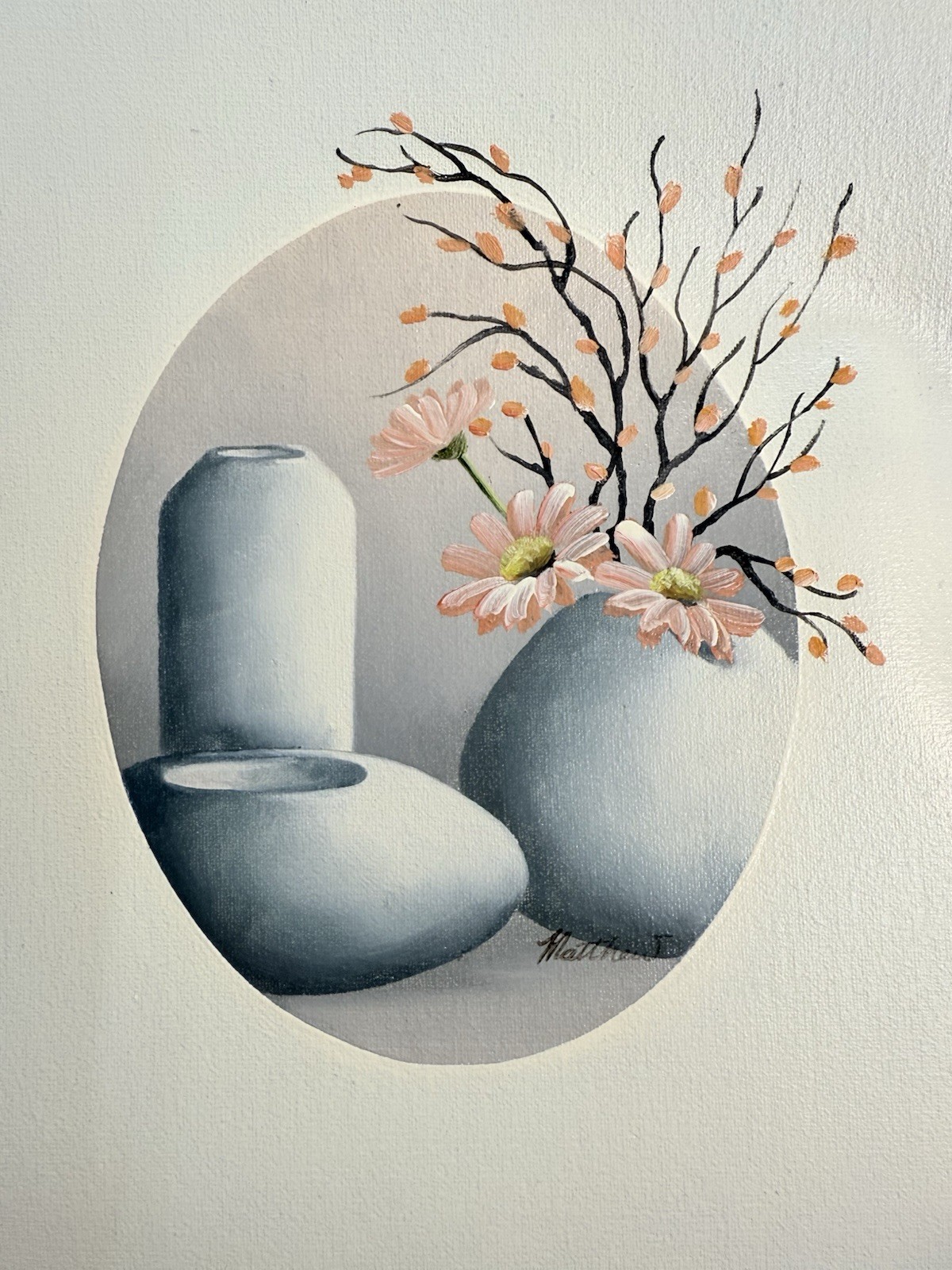 Still Floral Painting Pussy Willow In Pots On Canvas 11.5×13.75 8×10 80s