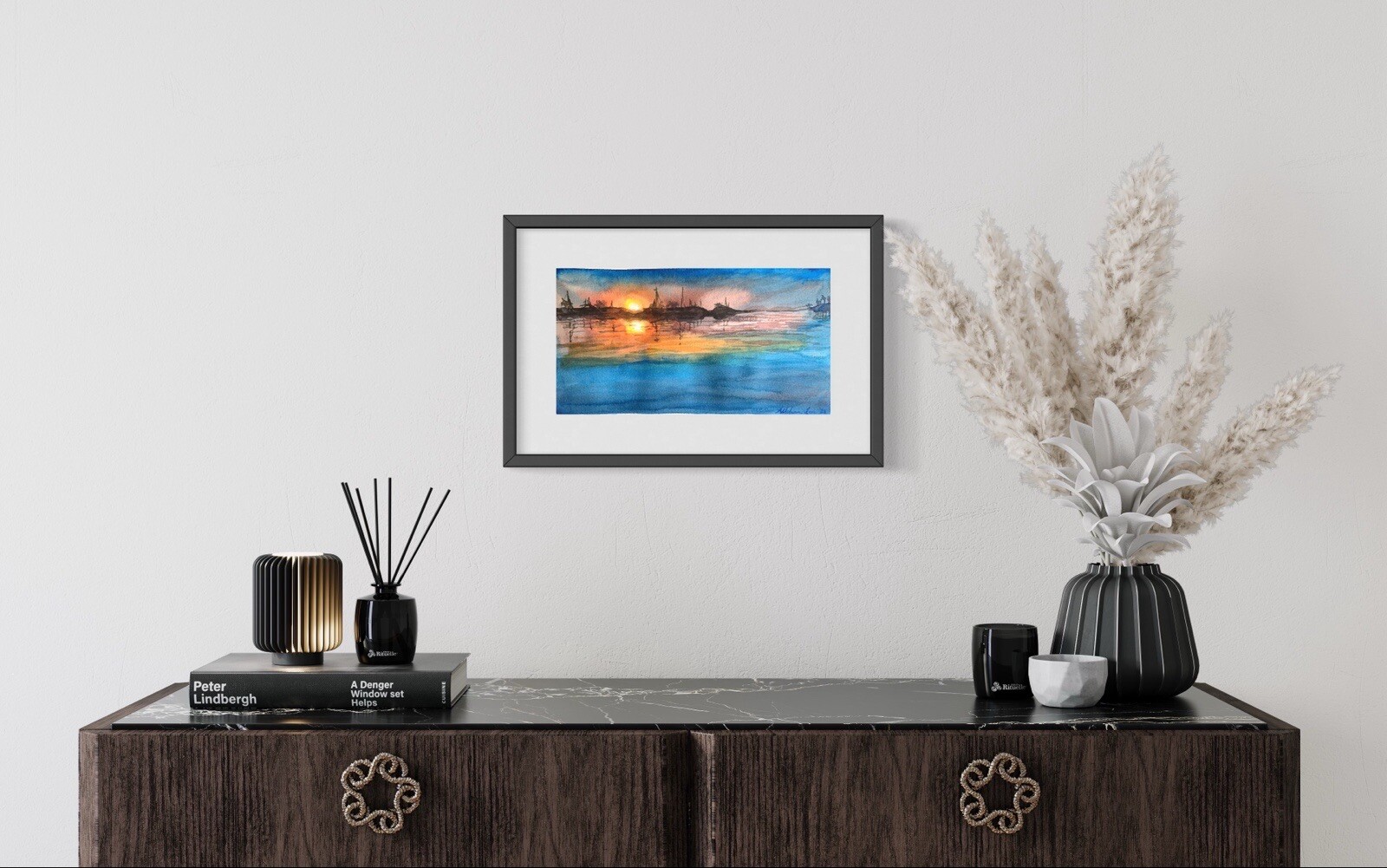 Original watercolor painting Sunset Seascape 12×8 boats marina nautical painting