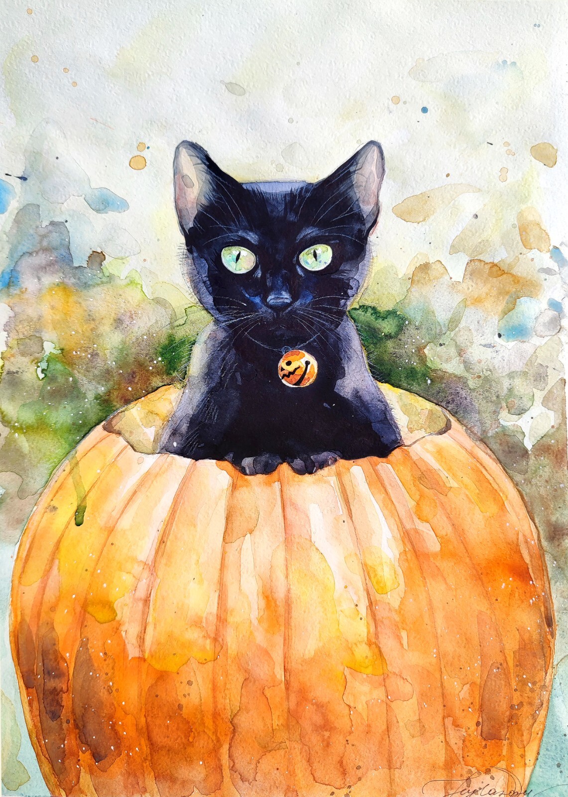 Original Watercolor Painting | Halloween Black Cat Halloween Wall Decor