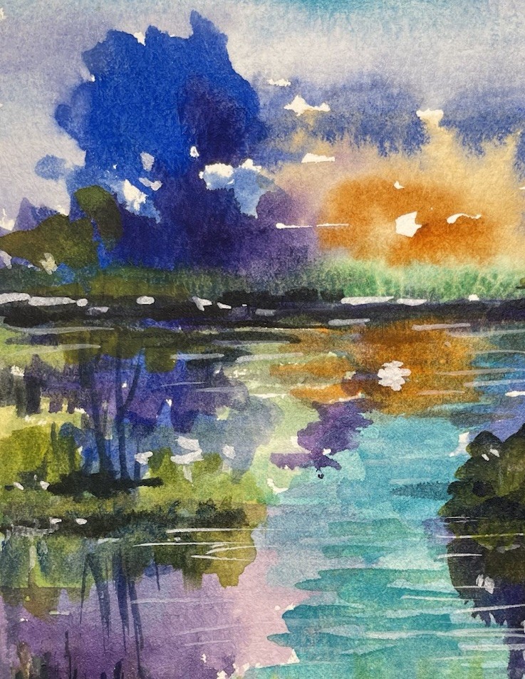 Original Pamela Wilhelm 5”x7” Ink & Watercolor Tropical Sun lagoon Trees
