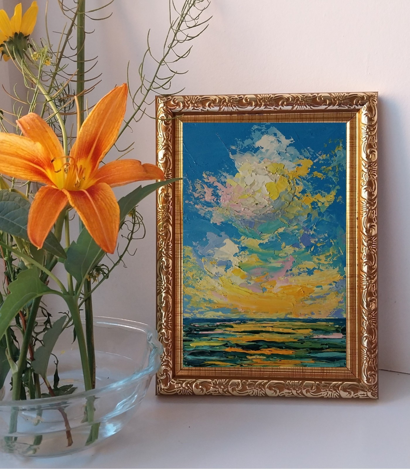 Framed Mini Seascape Golden Sunset Clouds Evening Sea 4×6” Original Oil Painting