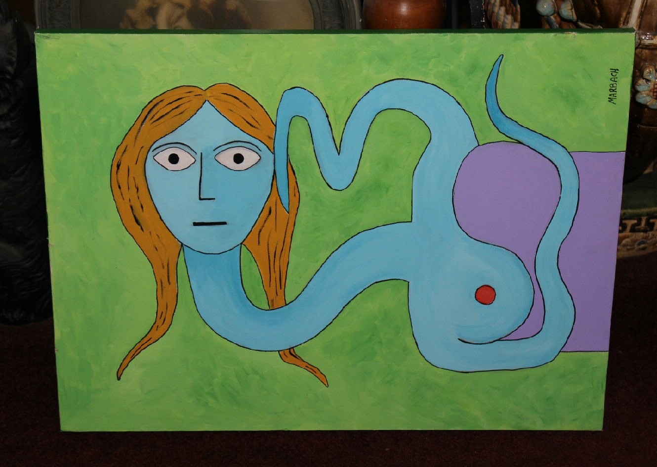 Original Abstract Modernism Oil Painting Alien Snake Woman Exposed Breast Signed
