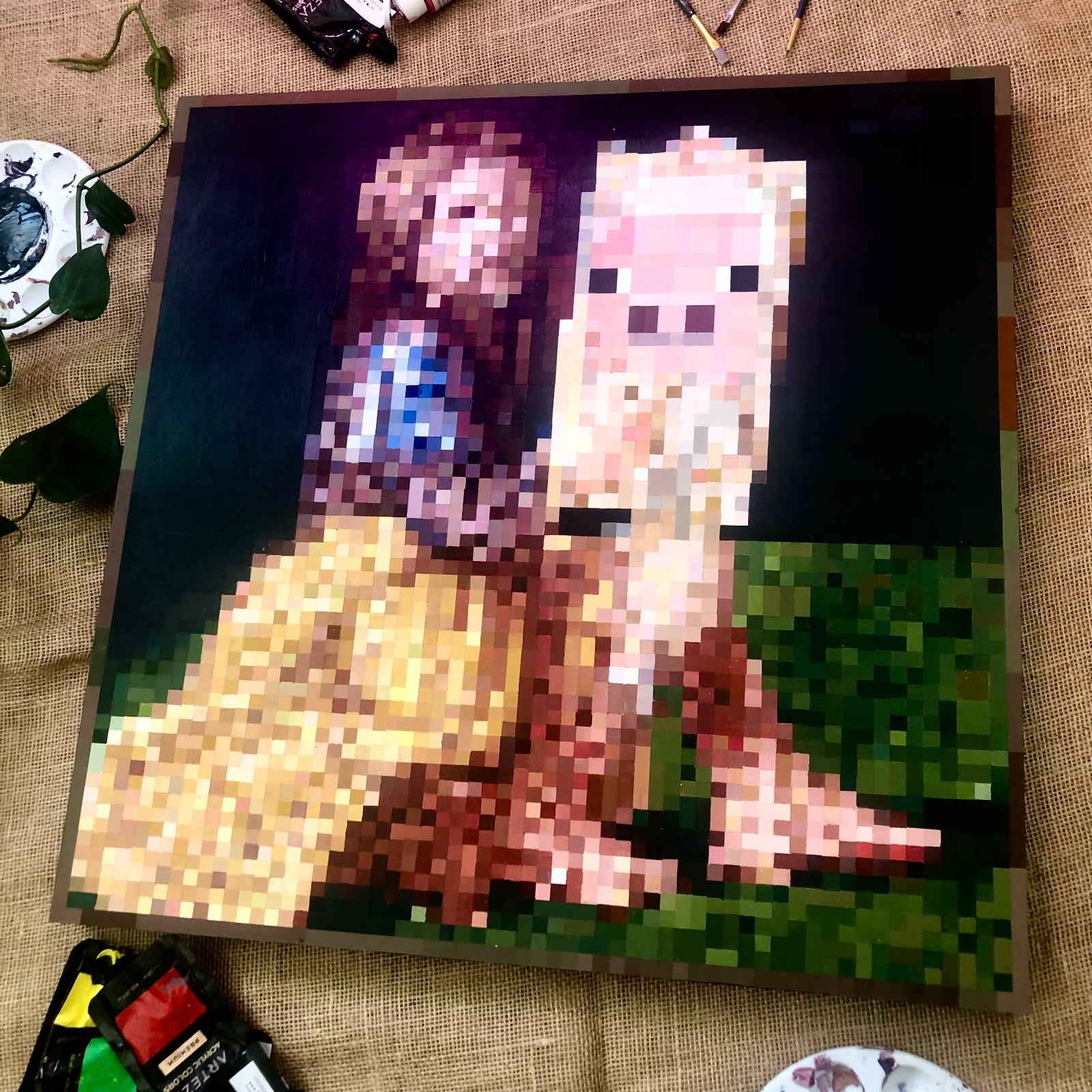 Minecraft Pigscene – Hand-painted Acrylic Artwork – Girl with Pig 24×24 Inch