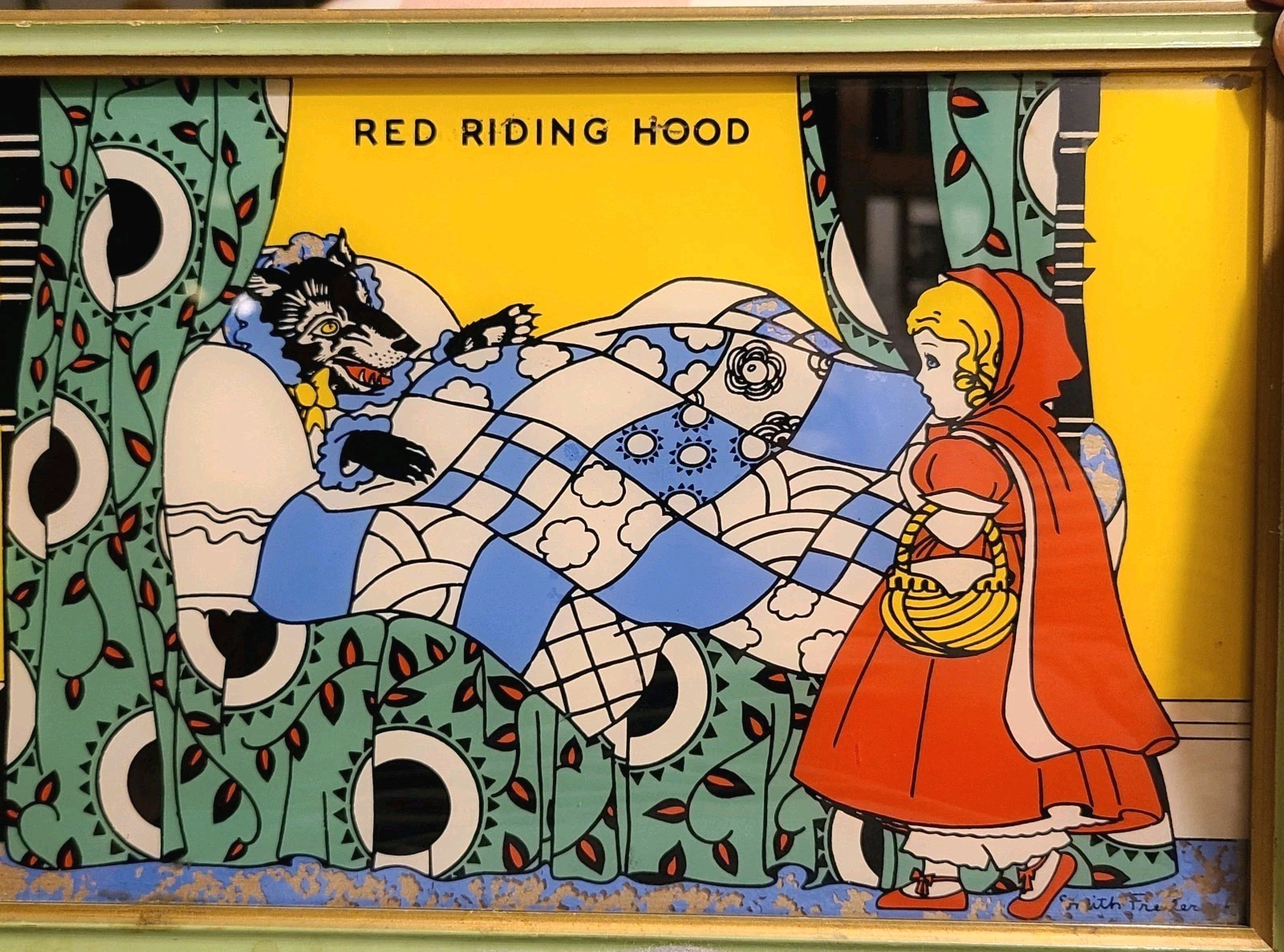 Antique RARE Framed Red Riding Hood Painted On Glass W/Enamel Wood Frame 19th C