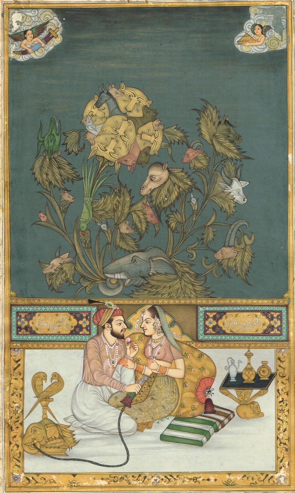 Indian Miniature Painting Of Mughal Emperor And Empress Love Scene 9×13.5 Inches