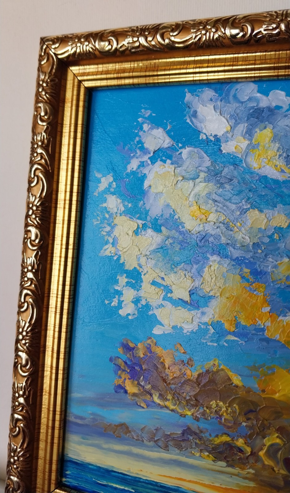Framed Sunset Seascape Clouds Over Sea 4×6″ Original Oil Painting Impasto Art