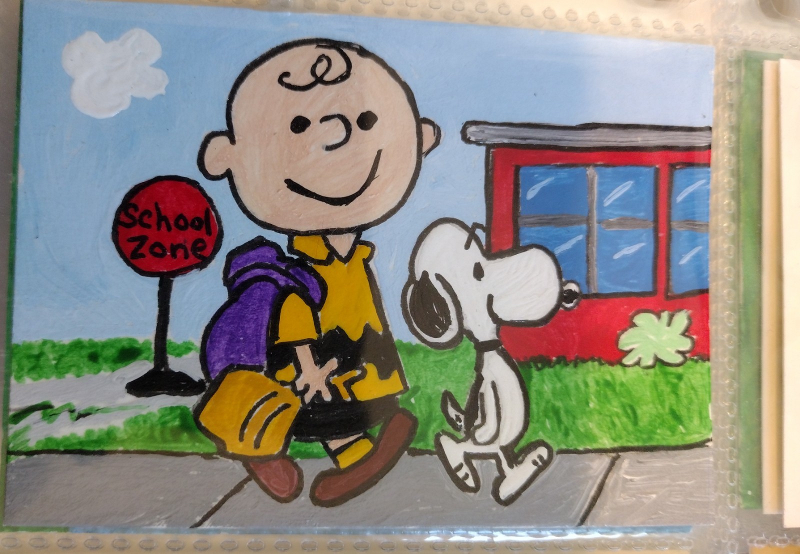 3.5″X2.5″ Artist Trading Card Charlie Brown To School HAND PAINTED ACRYLIC