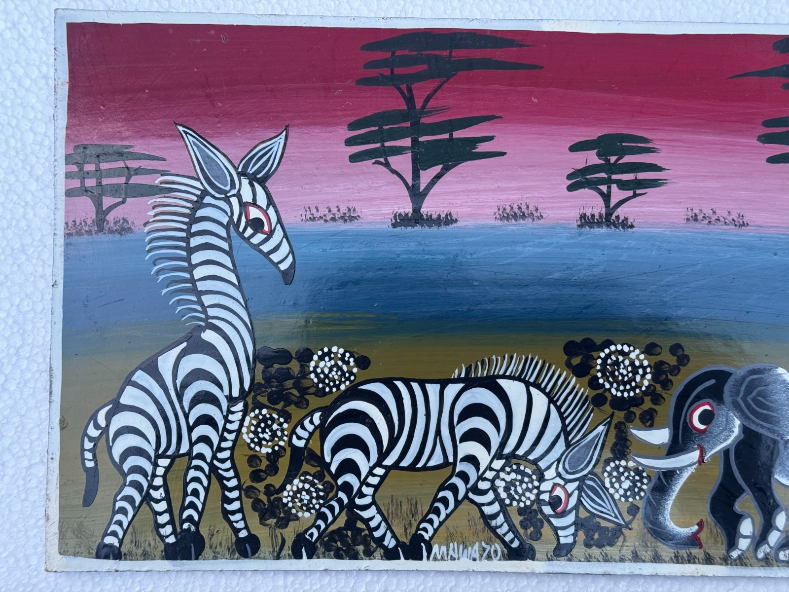 MAHWAZO SIGNED ORIGINAL AFRICAN SAFARI PAINTING TINGA TANZANIA ZEBRA ELEPHANT