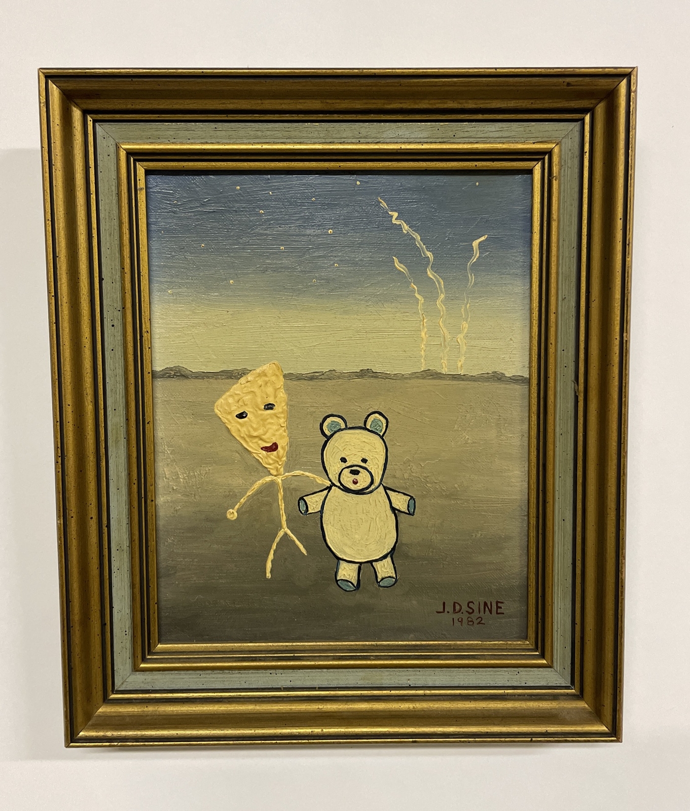 Signed J. D. Sine 82 Oil On Artist Board Outsider Art 12 7/8” X 10 7/8” X 1 1/2”