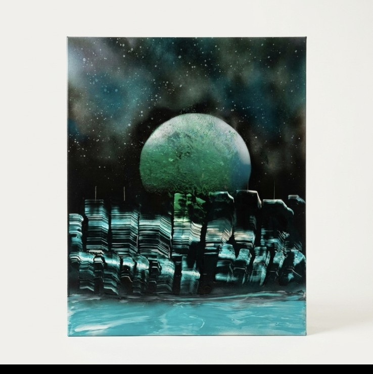 Modern Abstract Outer Space Cityscape Planet Skyline Painting, Unframed
