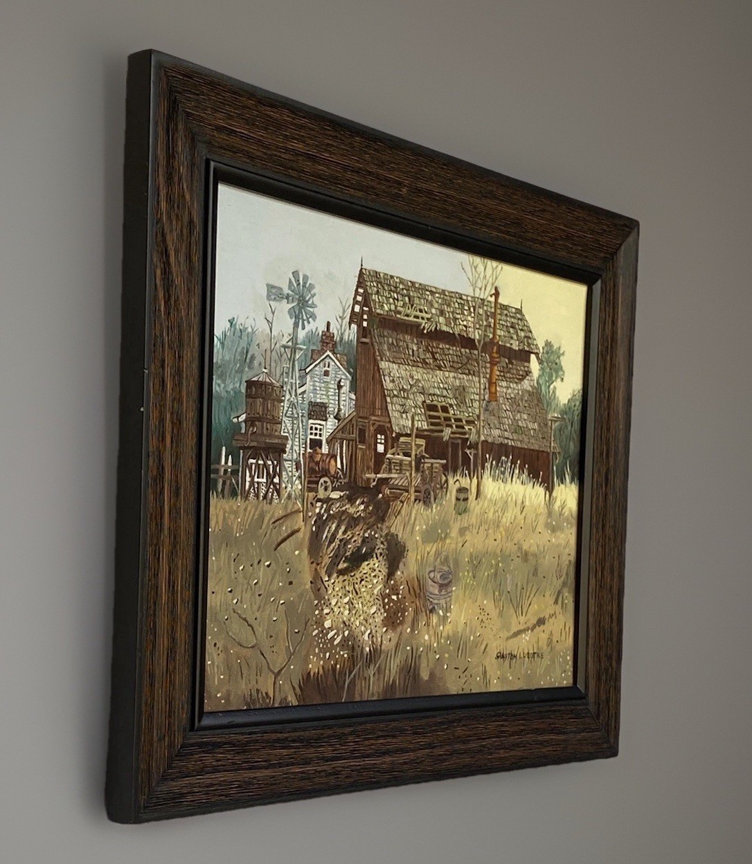 Orig Framed Oil Painting, Old Country Farmstead, C Luedtke 20-1/2″W by 16-1/4″H