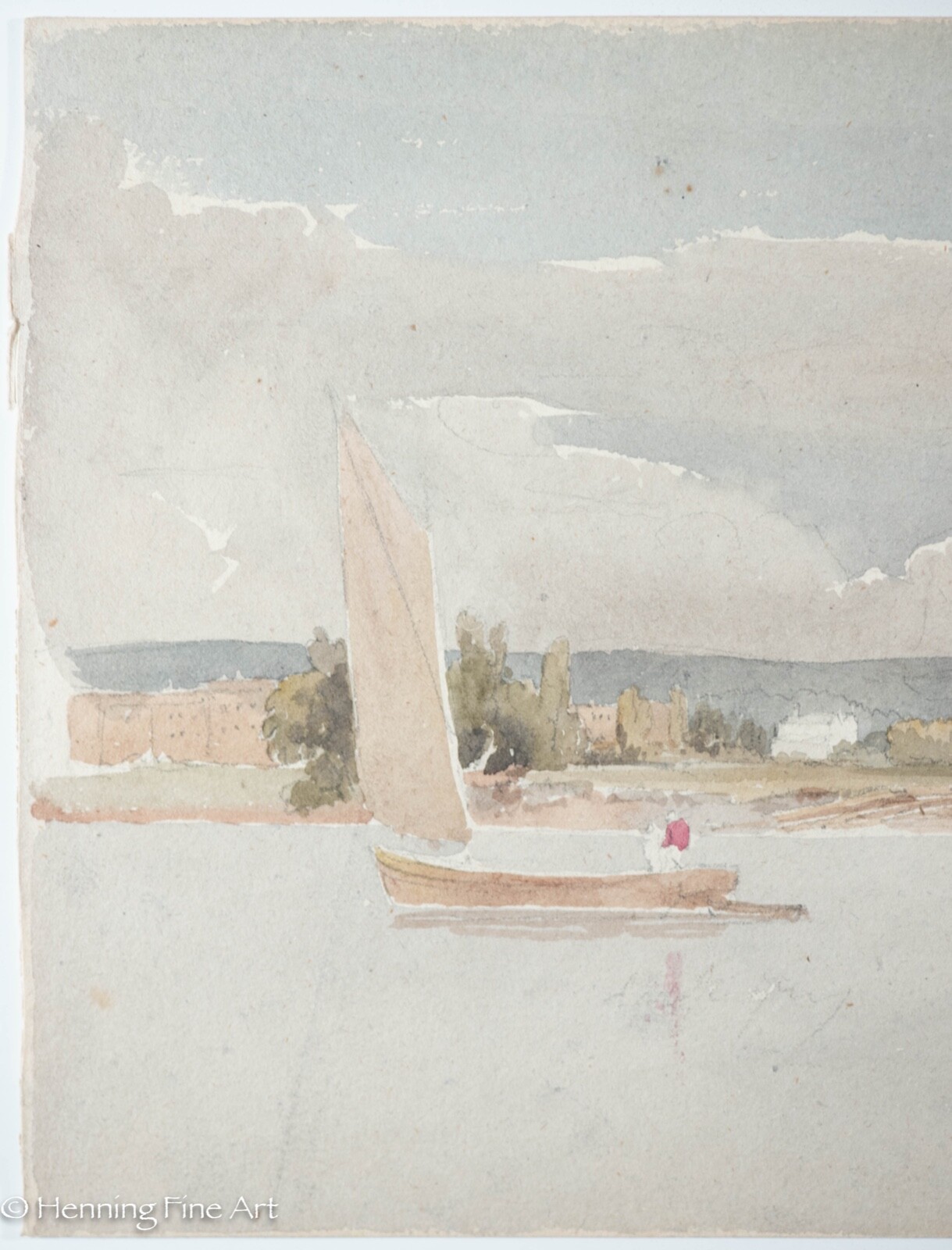 Antique Middle Eastern Watercolor Coastal Riverscape w/ City, Fine Verso C. 1810