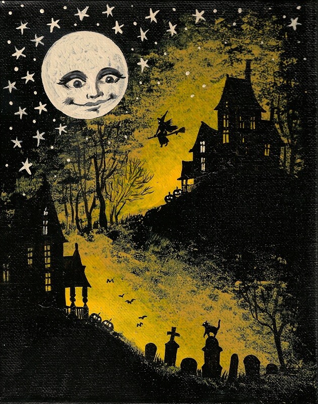 11×14 PRINT OF PAINTING RYTA HALLOWEEN WITCH HAUNTED HOUSE FULL MOON Folk Art 🌗