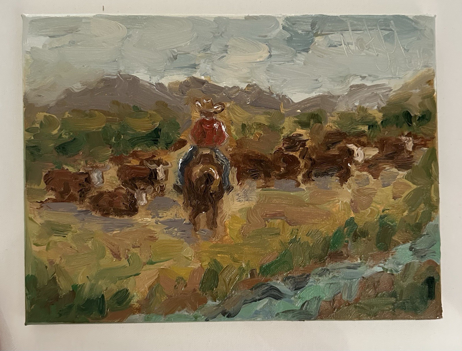 Cowboy Cattle Original Impressionist Oil Painting Western Landscape Art Canvas