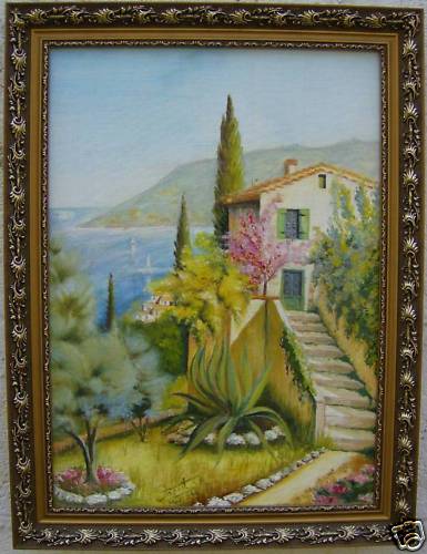 Oil signed R.PAGEOT beachfront villa in the south