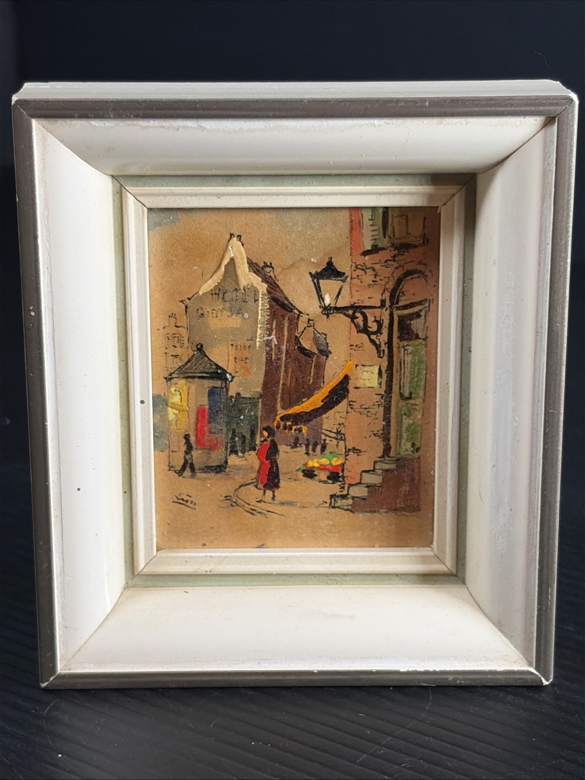 Vtg Mini Framed Oil On Print (?) Painting European Street Scene 4.25×3.75”