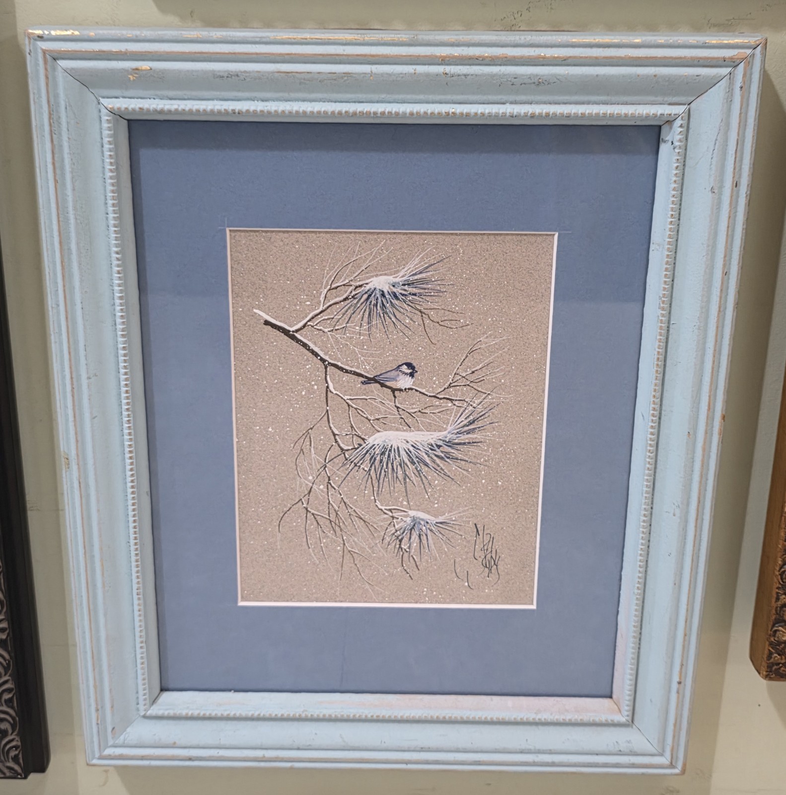 Blue Chickadee Bird Snowy Watercolor Painting Signed Framed Small