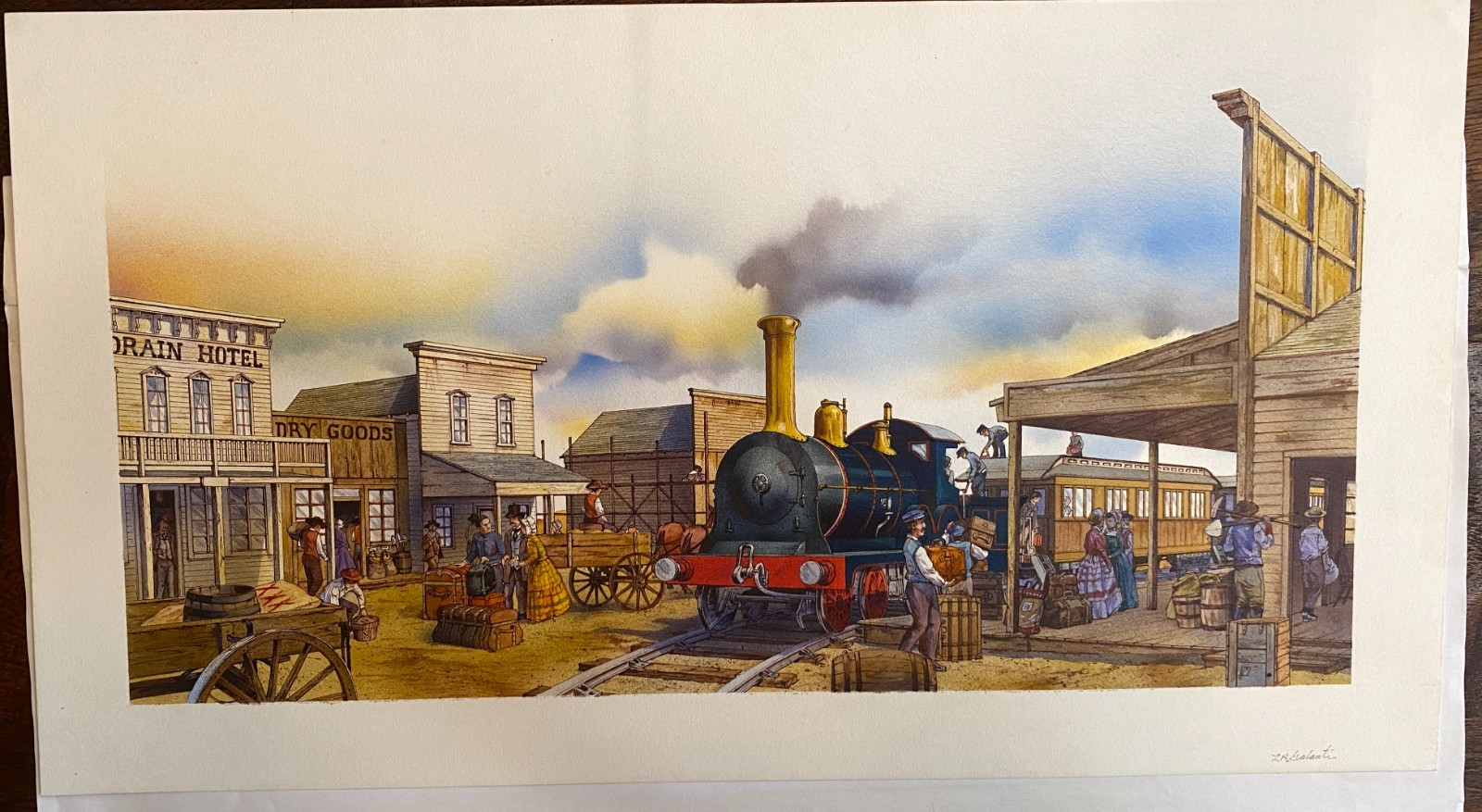 Original Pen & Ink Art of a Early American Town with a Train Locomotive.