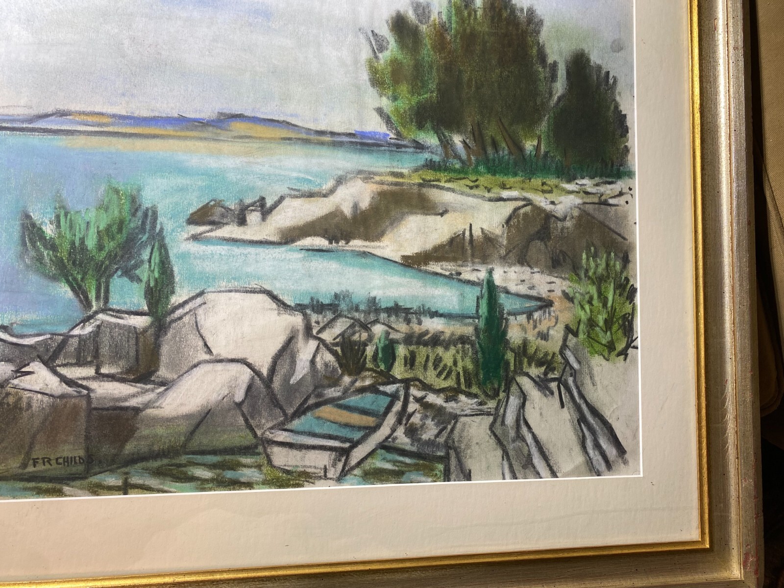Frederick Childs (1908 – 1978) «Coastal Landscape» Pastel Painting-Signed/Framed