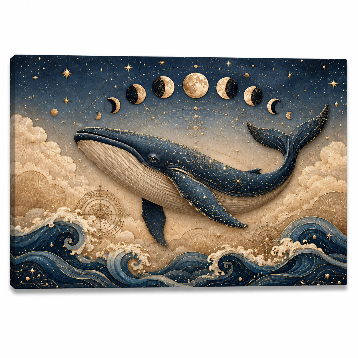 Celestial Whale Canvas Wall Art Ocean Moon Phase Nautical Nursery Decor 8*12in