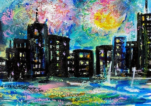 ACEO Original Painting FIREWORKS Summer CITY Buildings Ocean Boats Lights ART