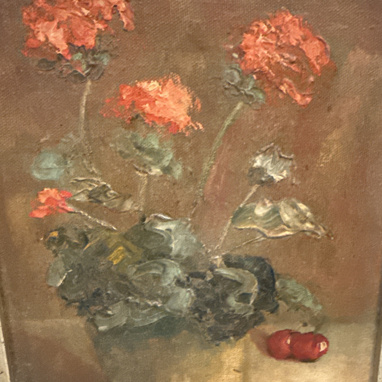 Small Antique Still Life Floral Oil Painting On Canvas Framed Signed 13.5”