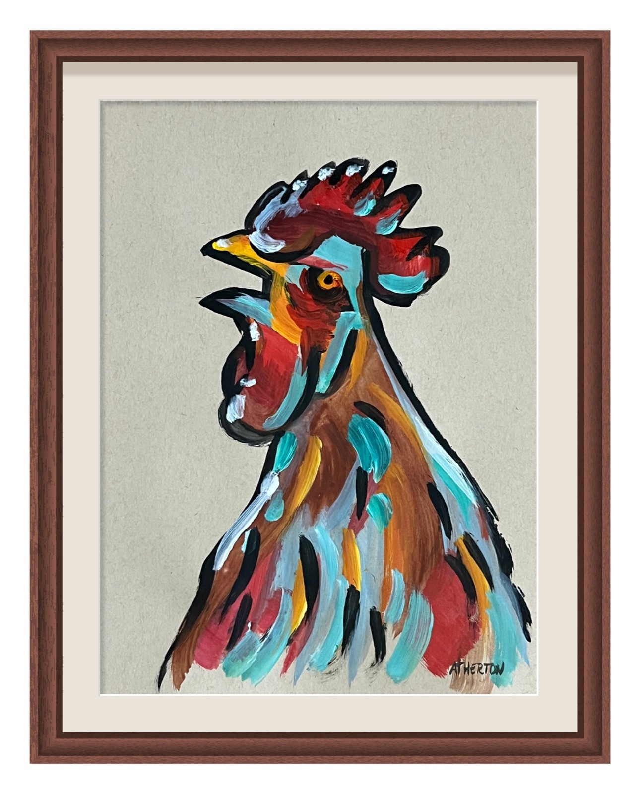 Atherton 9×12 OriginalAbstract Chicken Painting «Barnyard Rooster» signed