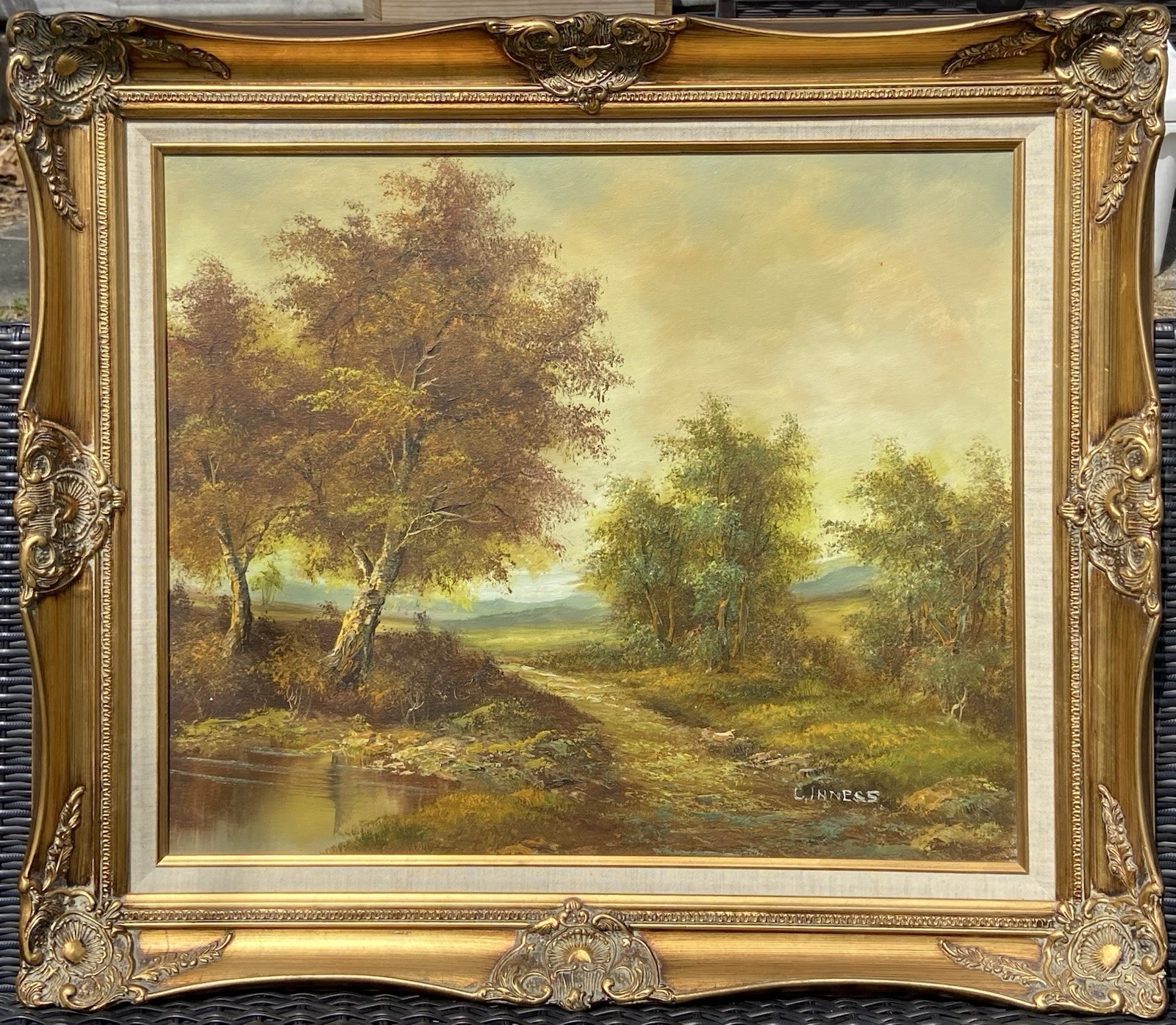 CLARA C. INNESS (1874-1932) Oil Painting Landscape Lake River Trees Signed
