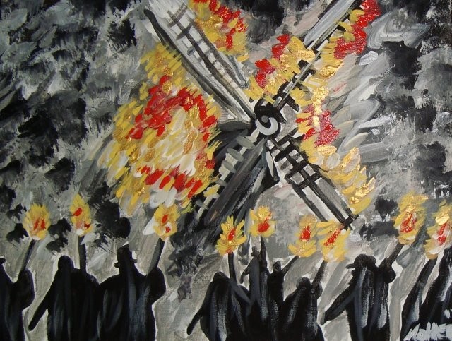 outsider art Frankenstein «The Monster’s End» 12×16 acrylic on unframed canvas