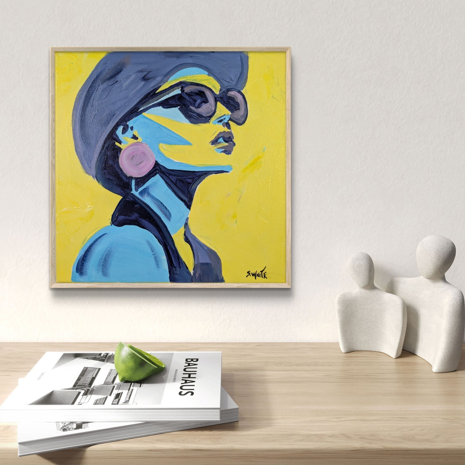 Woman Portrait Original Signed Painting 12×12 Canvas Yellow Blue Art SWhite